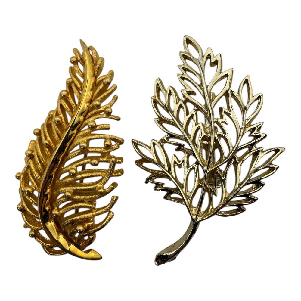 Vintage Gold Tone Leaf‎ Brooch Pin Lot of 2 Nature Design 2”